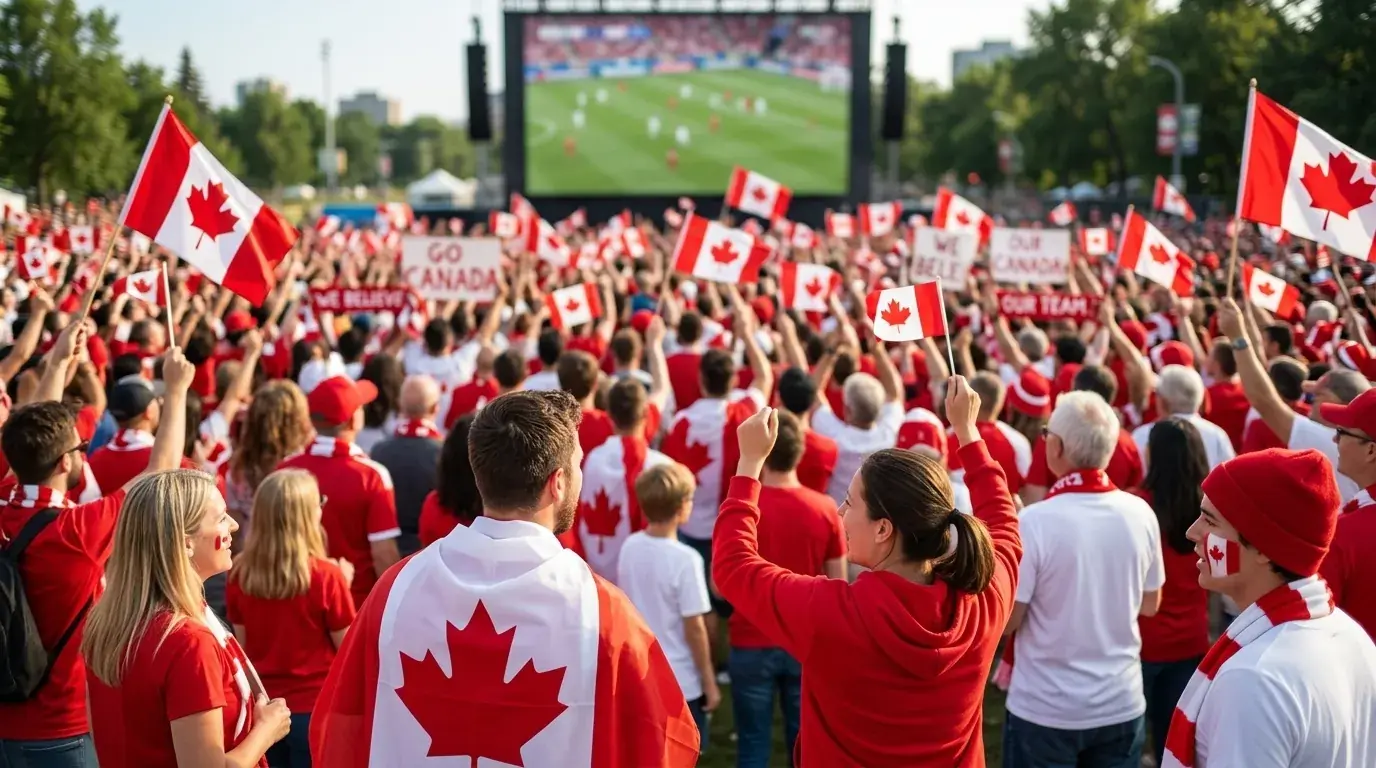 A wall of red-and-white Canadian supporters celebrating at a World Cup 2026 watch party, maple-leaf flags raised