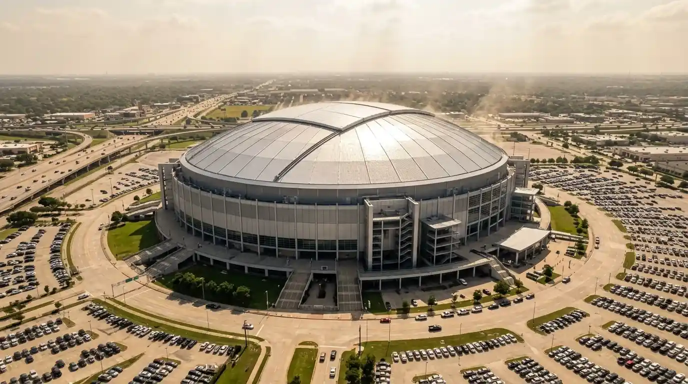 Aerial view of NRG Stadium in Houston with its retractable roof closed under a hot Texas sky