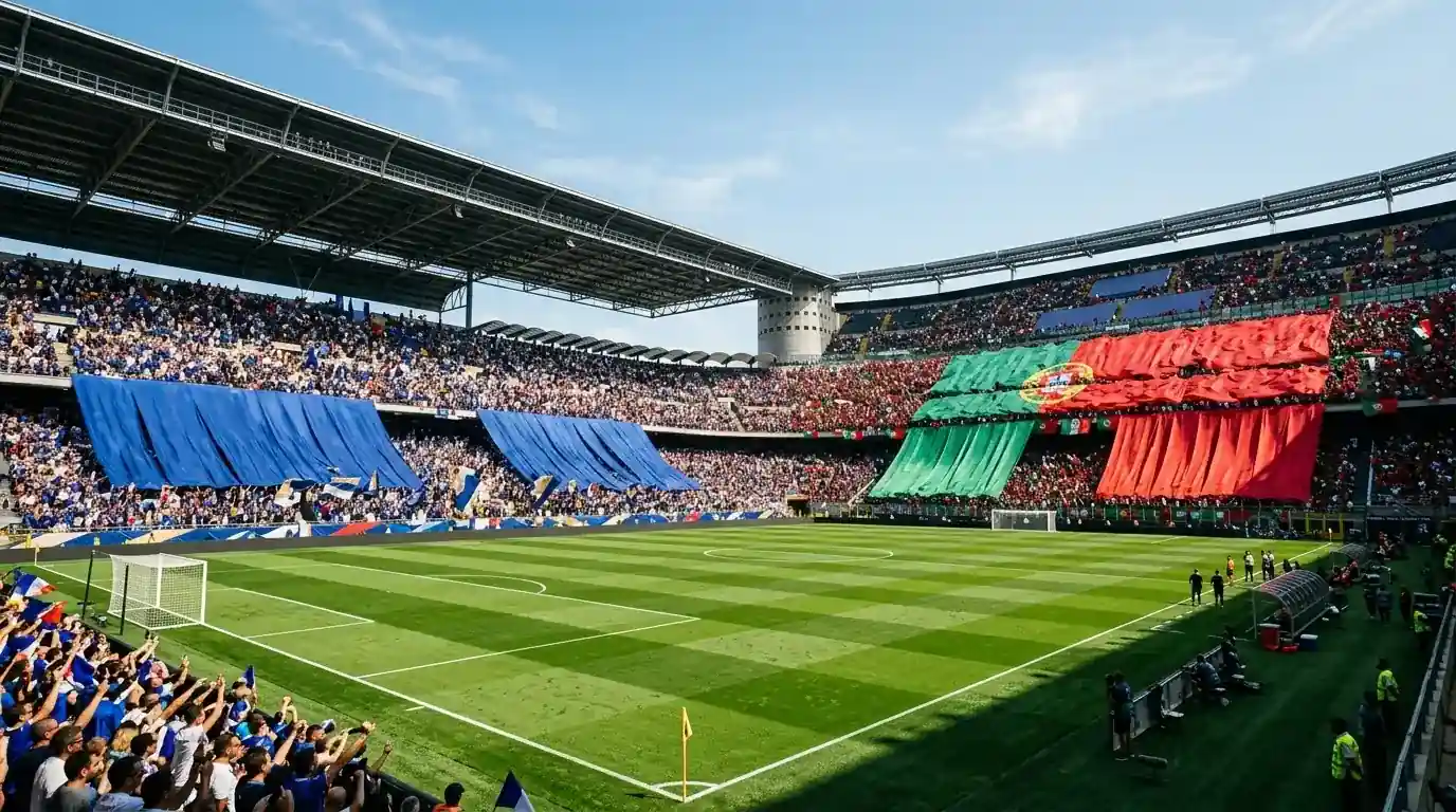 A wide-angle view of a sunlit open-air American football stadium repurposed for a World Cup quarterfinal, two sets of national-colour banners draped across opposite stands