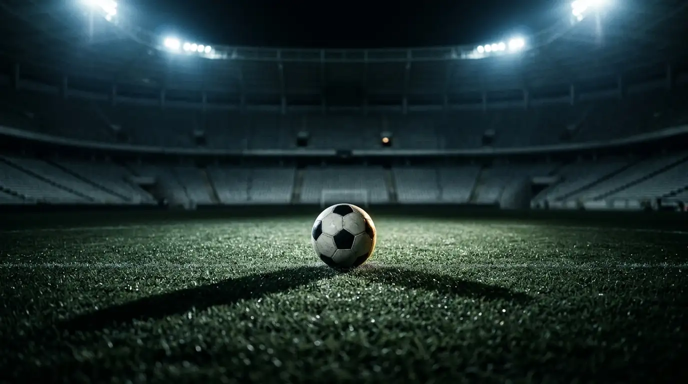 A single soccer ball resting on a floodlit pitch at night, long shadows stretching across the grass, empty stadium stands softly blurred behind