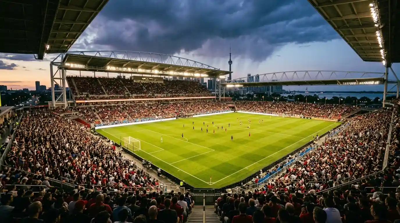 BMO Field in Toronto lit for a World Cup 2026 evening knockout match, city skyline beyond