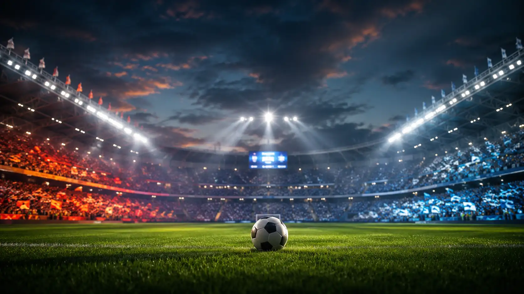 Two national-team supporters' sections facing each other across a floodlit open-air stadium at dusk, red-and-gold on one side and sky-blue-and-white on the other, a soccer ball on the centre spot