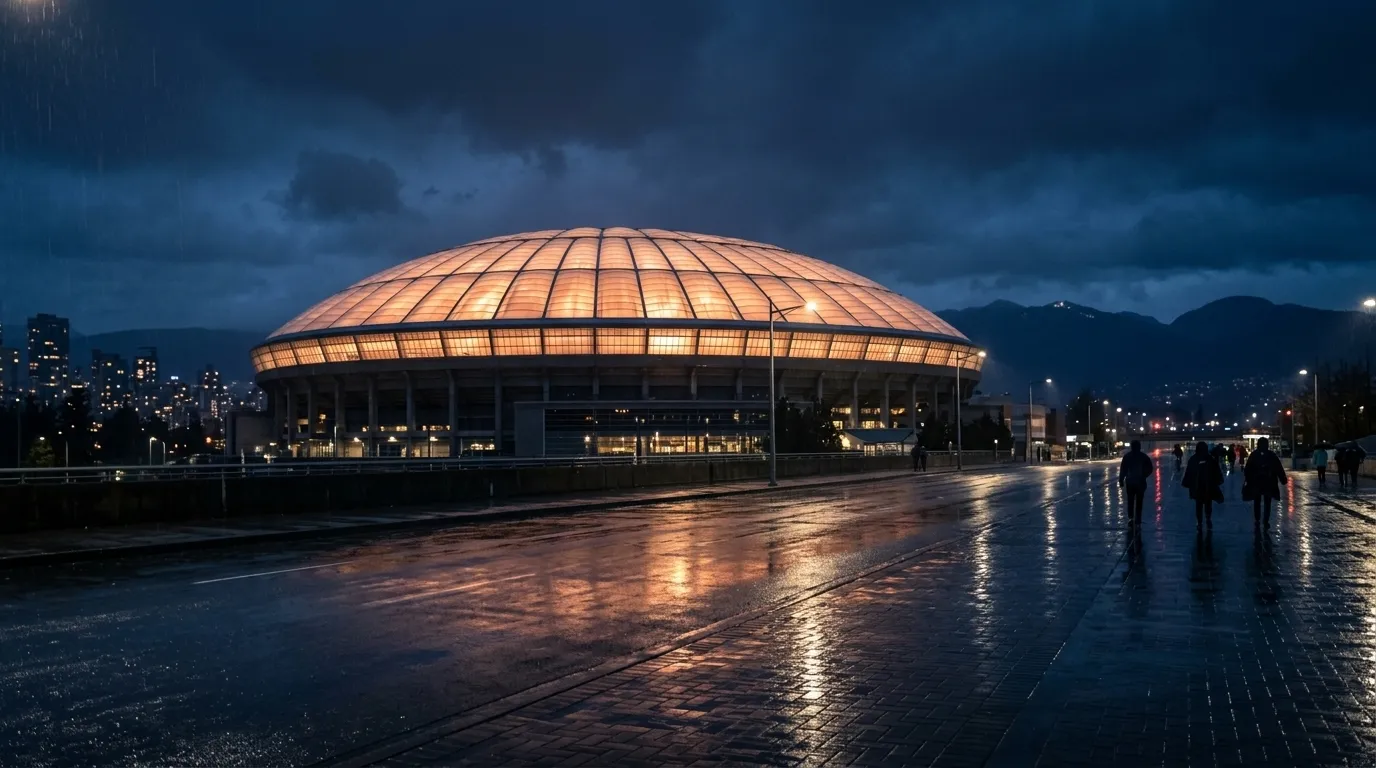 BC Place in Vancouver lit for a night World Cup 2026 match, retractable roof overhead, glowing over the city