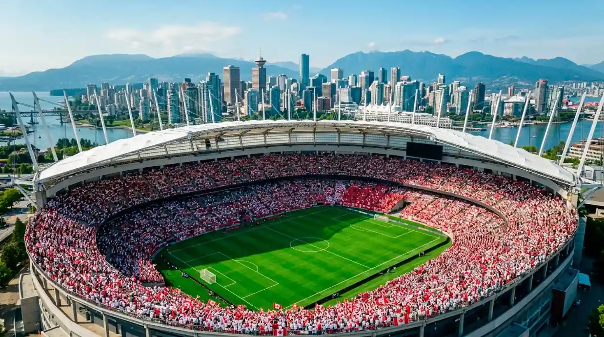 Aerial view of BC Place under its retractable roof on a bright Vancouver afternoon, Canada flags filling the stands