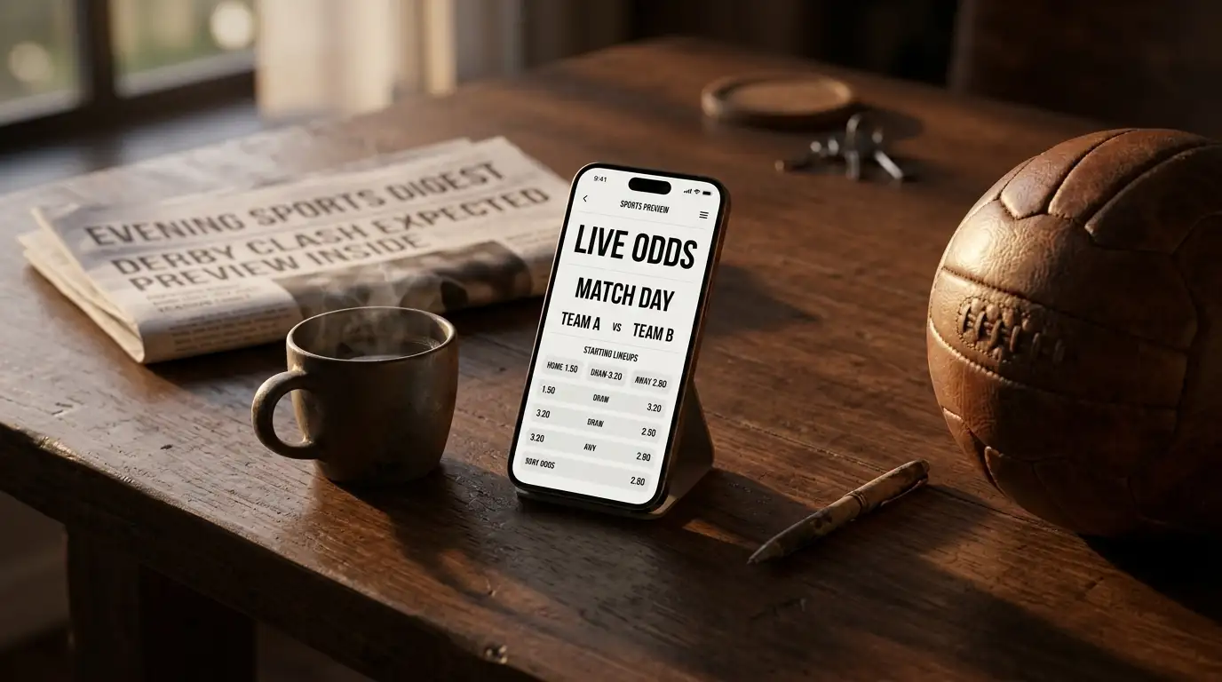 A neatly arranged betting-slip aesthetic on a dark surface, a smartphone showing a generic odds ladder, a coffee and a soccer ball nearby, warm evening light
