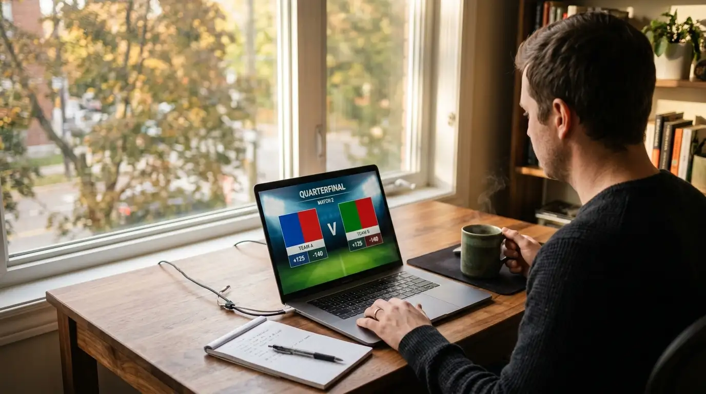 A Canadian sports bettor studying odds on a laptop screen with a World Cup quarterfinal match graphic glowing in the background, warm afternoon light