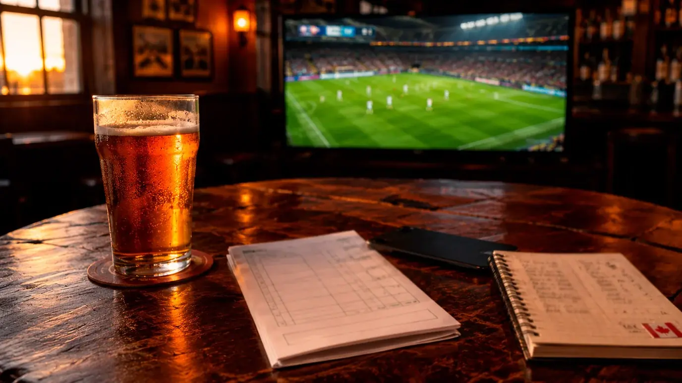 A clean Canadian betting slip on a wooden bar table with a TV showing World Cup 2026 in the background, late-afternoon light