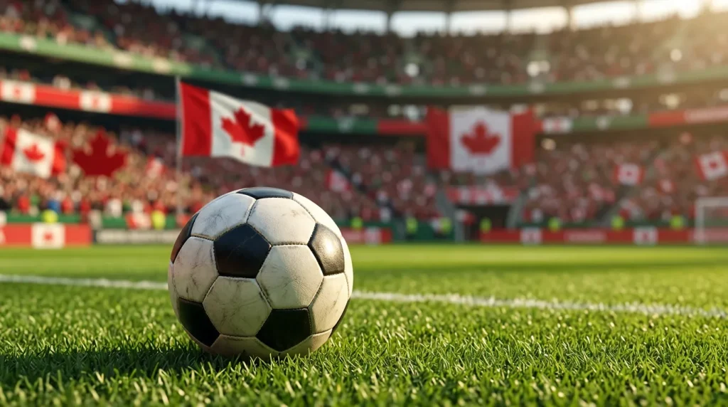 Soccer ball on grass with Canadian maple leaf flag and betting slip in background