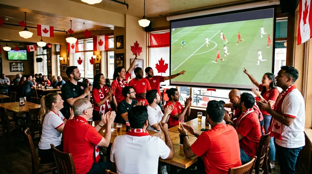 Canadian soccer fans watching World Cup 2026 match with betting odds displayed on screen