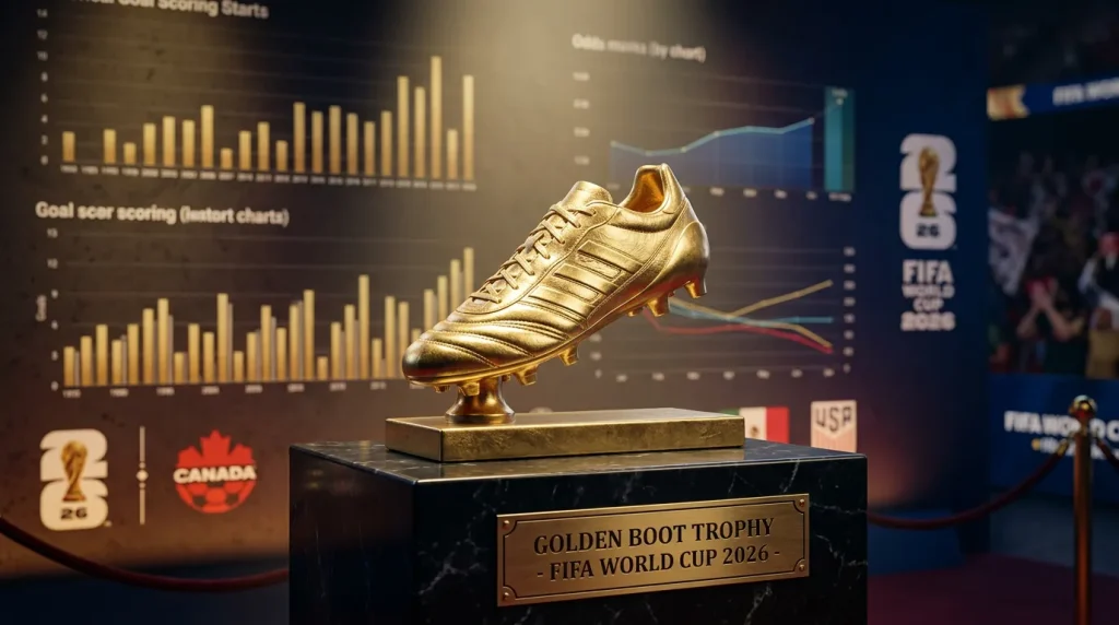 Golden Boot trophy with World Cup 2026 branding and goal scoring statistics displayed in background