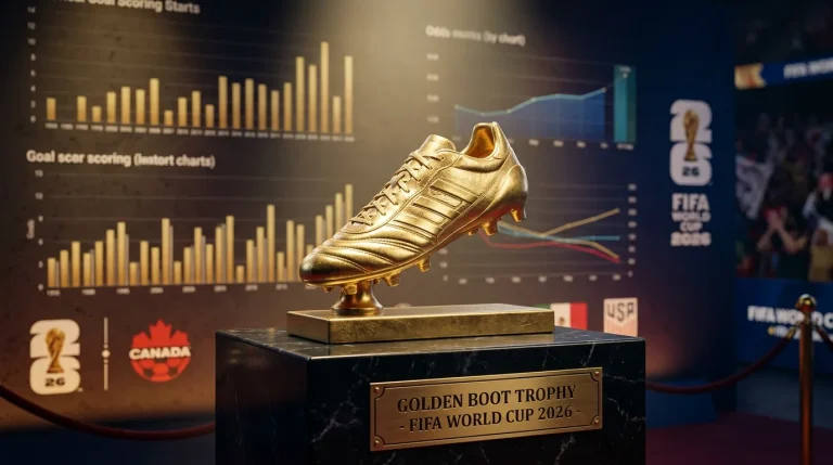 Golden Boot trophy with World Cup 2026 branding and goal scoring statistics displayed in background