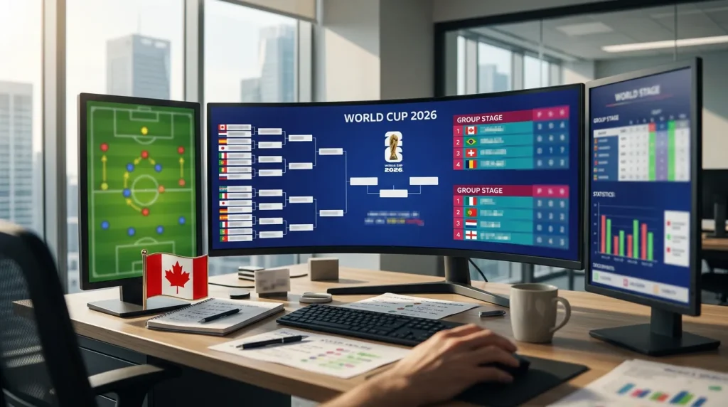 Soccer analyst reviewing World Cup 2026 predictions data on multiple screens with Canadian flag visible