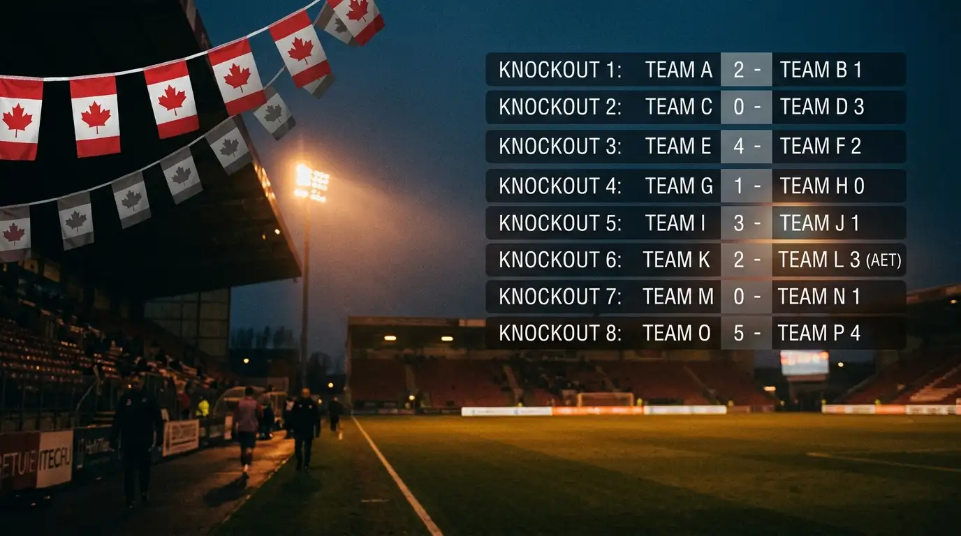 A dramatic split-screen scoreboard collage showing eight Round-of-16 results against a darkened stadium backdrop