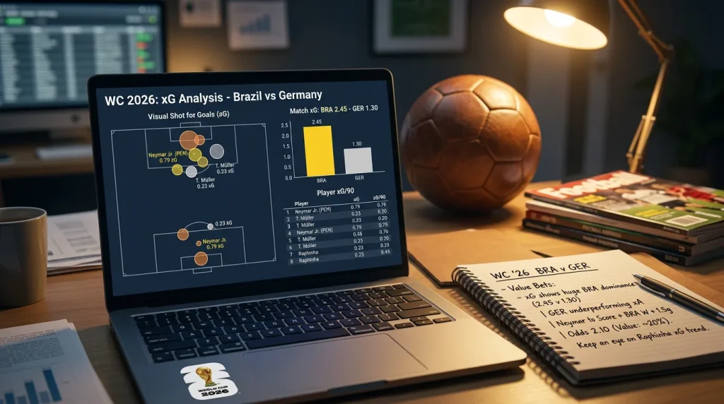 Betting analyst examining expected goals data on screen with World Cup 2026 match statistics