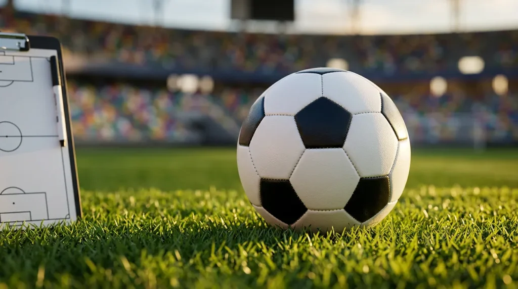 Open dictionary with soccer betting terminology highlighted and World Cup trophy silhouette
