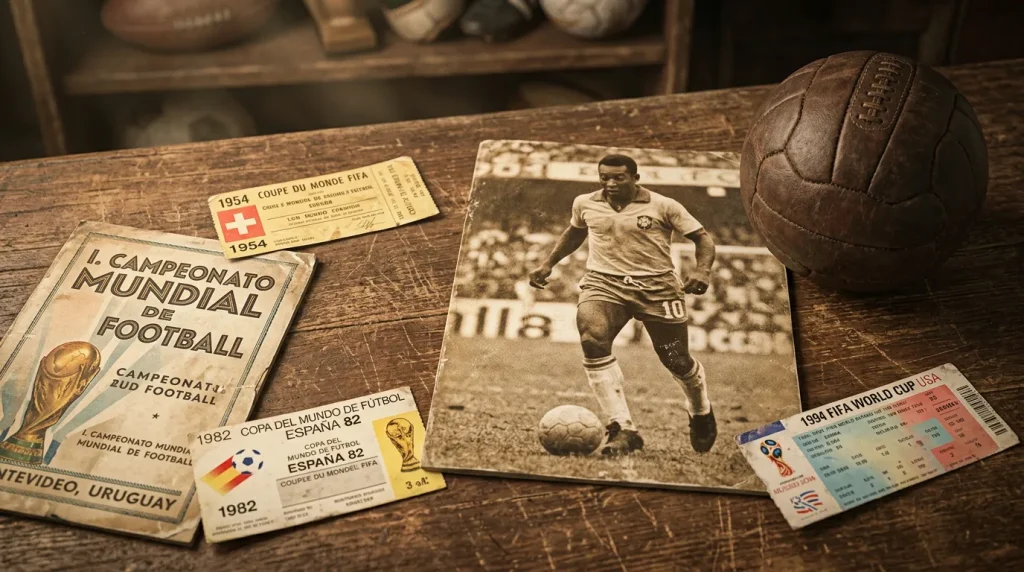 Historical World Cup moments collage with vintage tickets and betting slips from multiple tournaments