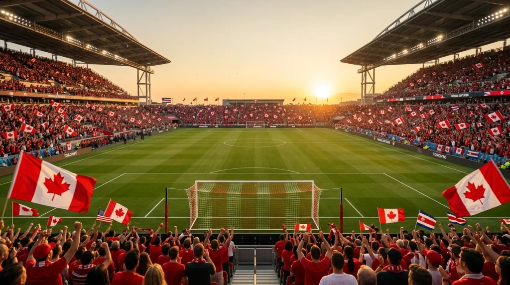 Packed stadium with Canadian flags during a World Cup 2026 match at BMO Field Toronto