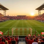 Packed stadium with Canadian flags during a World Cup 2026 match at BMO Field Toronto