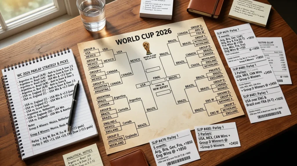 Multiple World Cup 2026 betting slips showing parlay combinations on a desk with tournament bracket