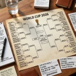 Multiple World Cup 2026 betting slips showing parlay combinations on a desk with tournament bracket